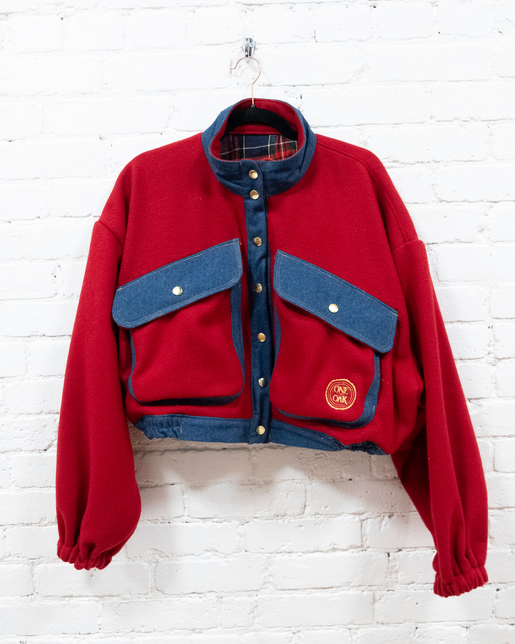Red Wool & Denim Crop Blanket Coat