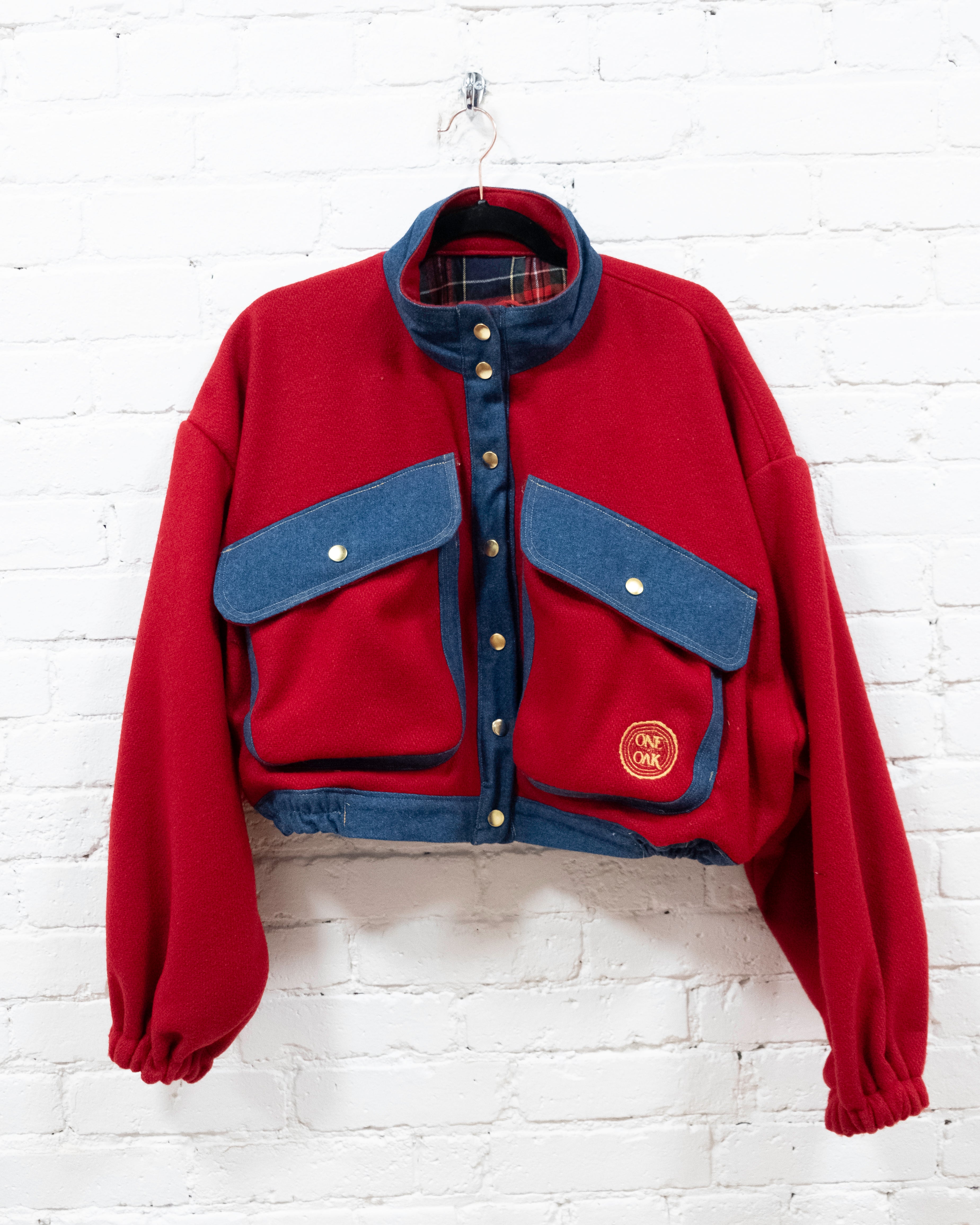 Red Wool & Denim Crop Blanket Coat