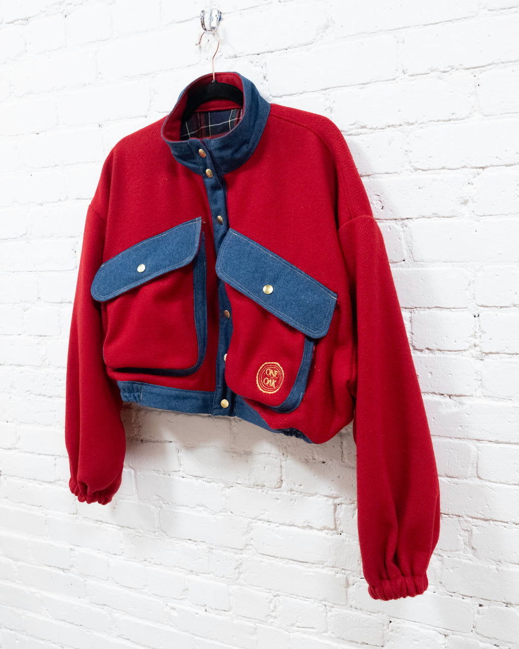 Red Wool & Denim Crop Blanket Coat