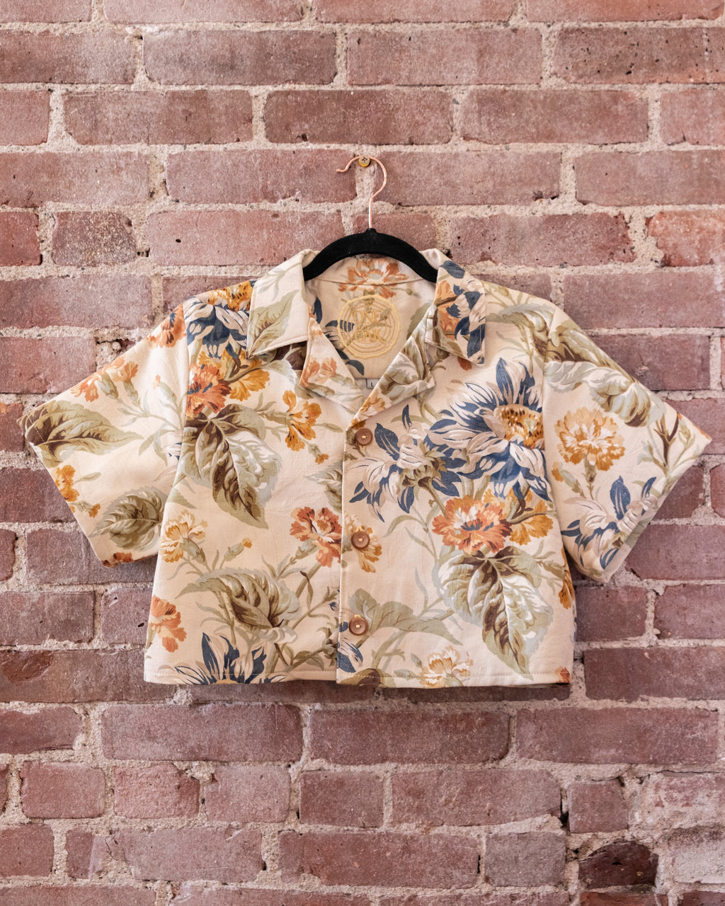 Tan Floral Crop Camp Shirt