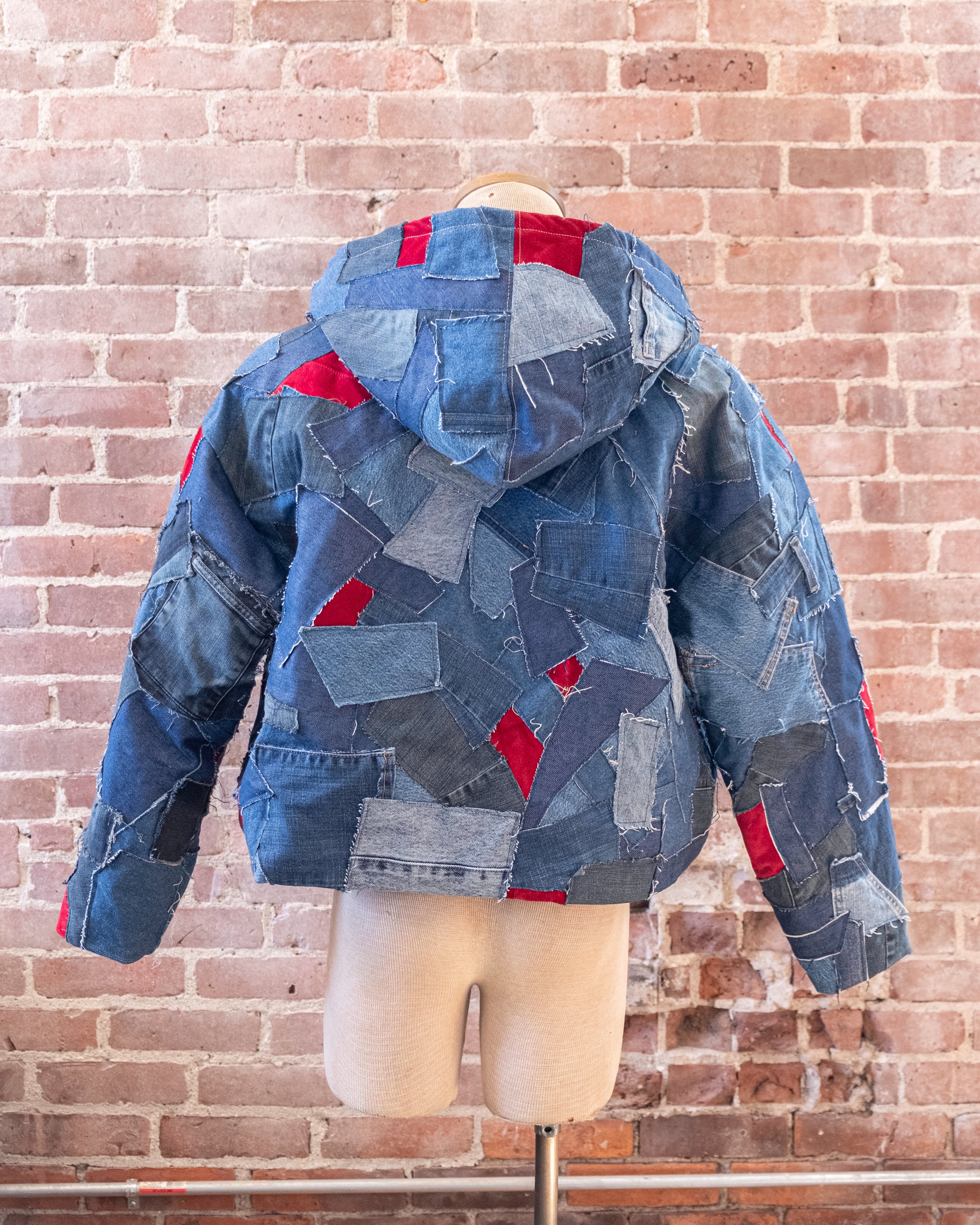 Patchwork Denim Crop Hooded Jacket
