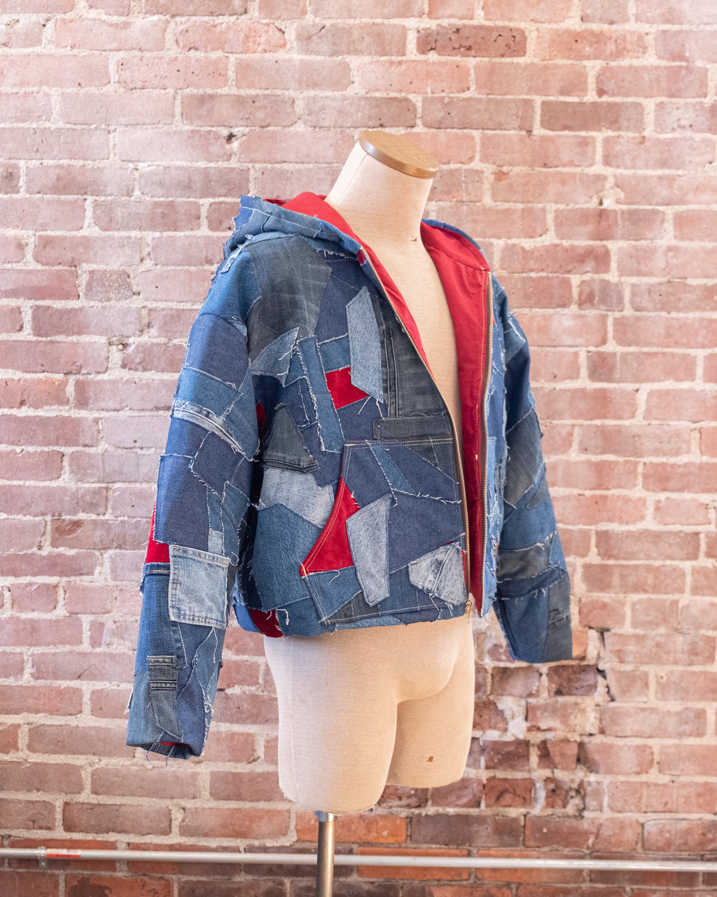 Patchwork Denim Crop Hooded Jacket