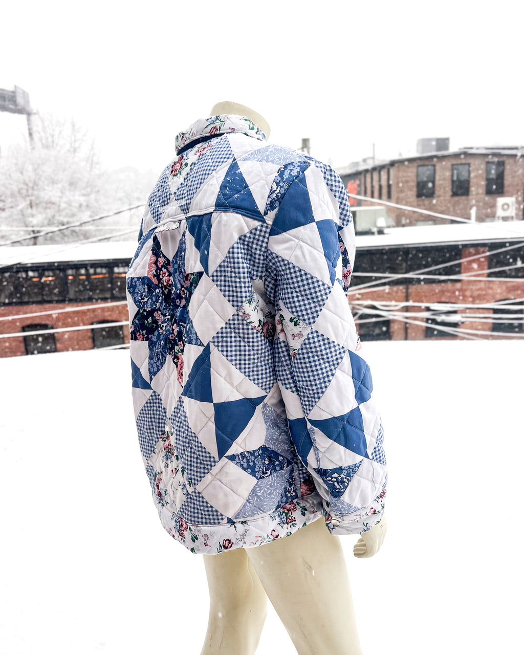 Blue & White Geometric Quilted Blanket Coat