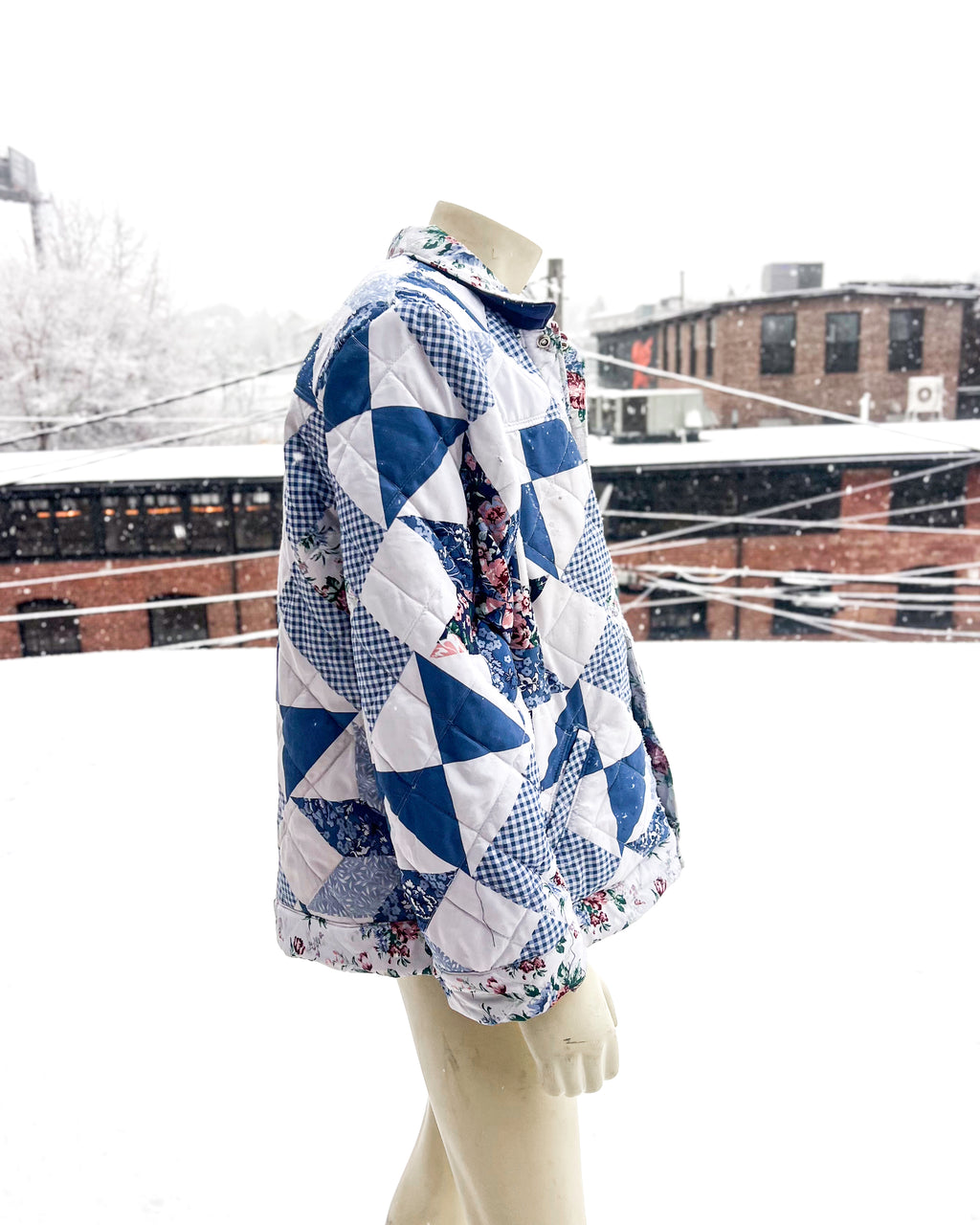 Blue & White Geometric Quilted Blanket Coat