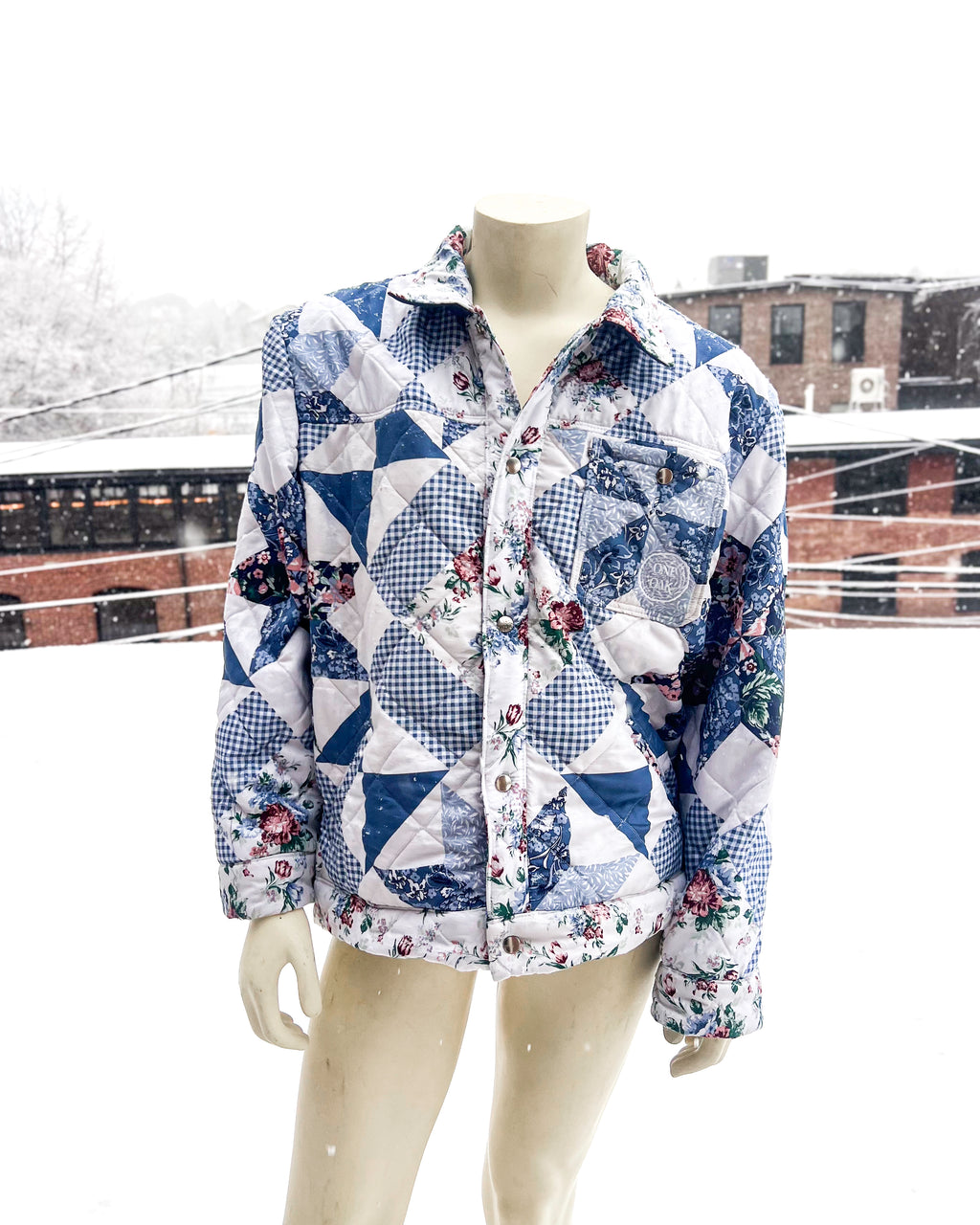 Blue & White Geometric Quilted Blanket Coat
