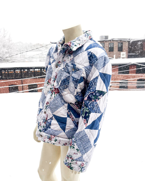 Blue & White Geometric Quilted Blanket Coat